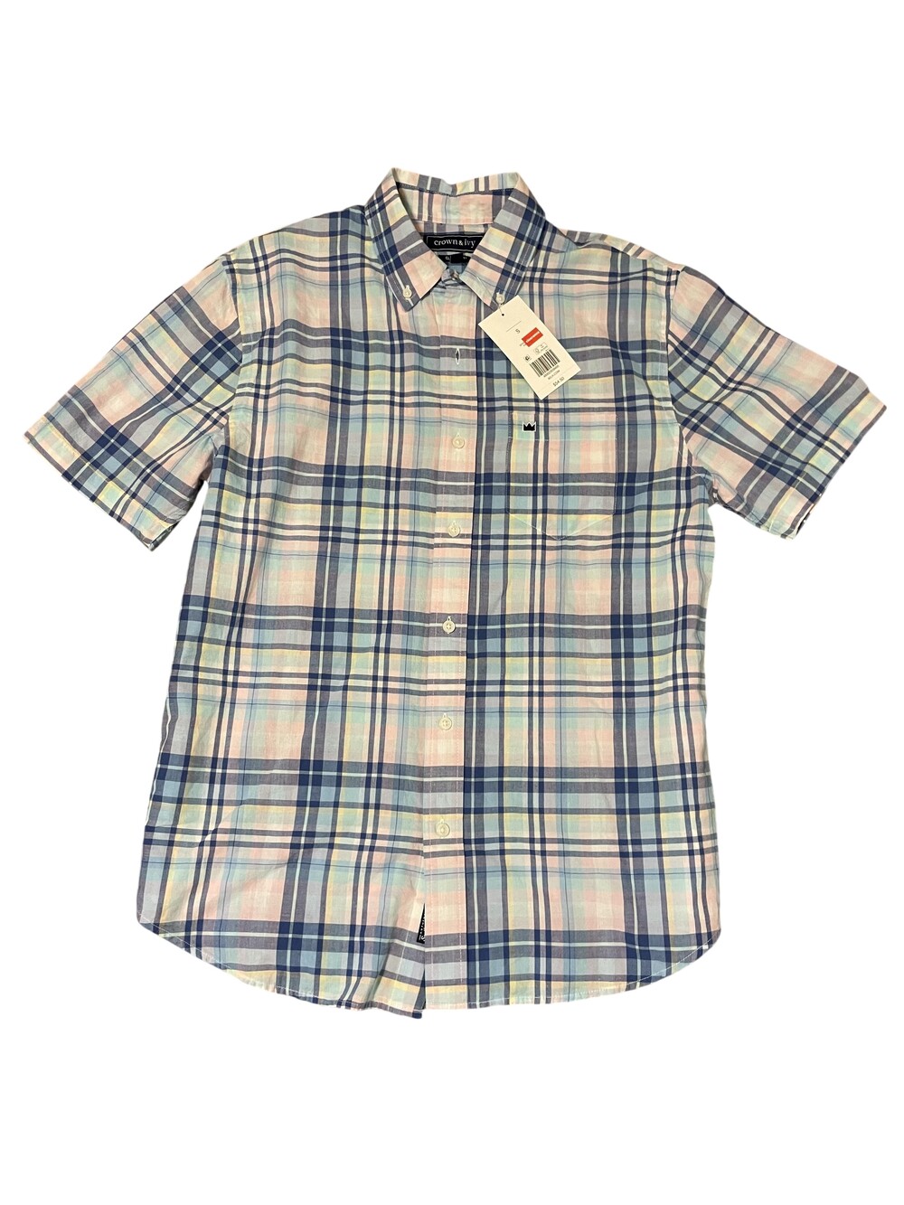Crown & Ivy Shirt Mens Small Blue Pink Plaid Short Sleeve Classic Fit Pocket